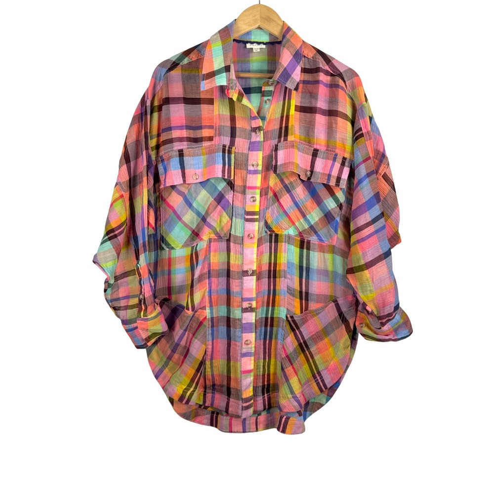Pilcro Button Down mixed madras XXS/XS Rainbow Plaid Gauze Oversized